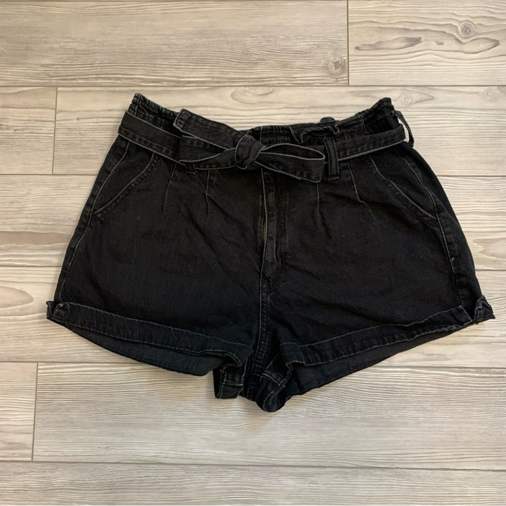 American Eagle Womens Black Cuffed Denim Jean Shorts With Denim Belt (Size: